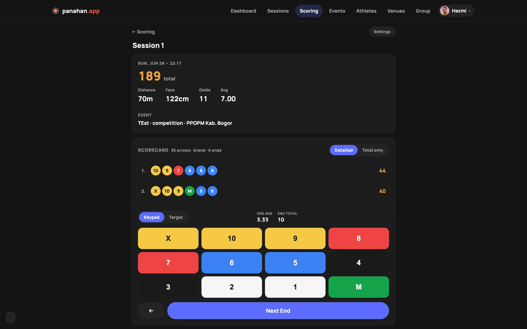 Kartu skor digital panahan.app dengan keypad nilai X sampai M dan total otomatis